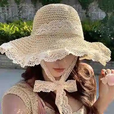 优幽兰 大头围防紫外线显脸小户外旅行小众设计感甜美大帽檐氛围感穿搭 草编 防晒帽 女款