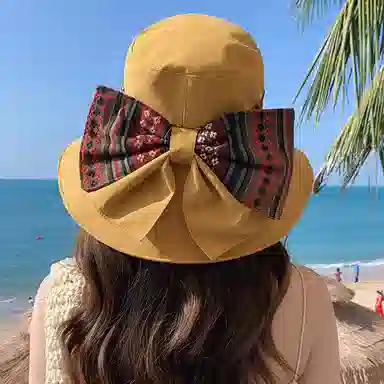 优幽兰 百搭潮流小众设计感民族风可折叠骑车大檐遮阳时尚旅游度假防紫外线太阳夏 聚酯纤维 防晒帽 女款