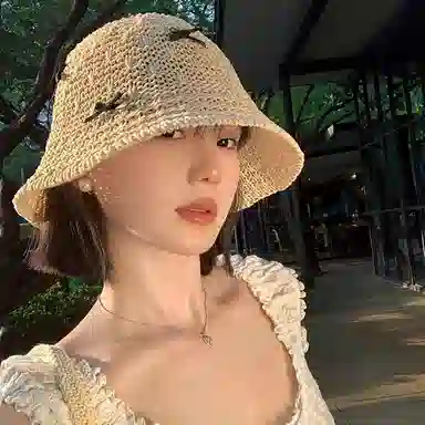 优幽兰 甜美蝴蝶结手工编织渔夫帽子韩版百搭高级感夏季镂空透气海边沙滩出游遮阳防紫外线盆帽#好运 聚酯纤维 防晒帽 女款