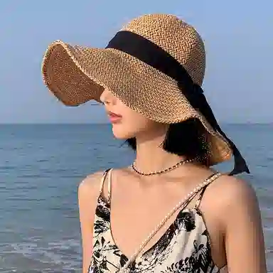 优幽兰 出游系带精致显脸小洋气赫本风海边防紫外线可折叠 聚酯纤维 防晒帽 女款