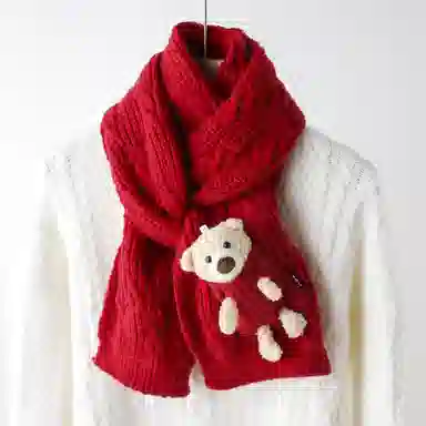 优幽兰 时尚百搭可爱小熊红色针织保暖围脖女韩系高级感纯色简约学生复古氛围感小众穿搭喜庆 聚酯纤维 绒线围巾 女款