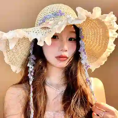 优幽兰 法式甜美碎花飘带时尚韩系夏海边沙滩度假风大檐遮阳百搭高级感小众田园风太阳防紫外线 纤维素材料 防晒帽 女款