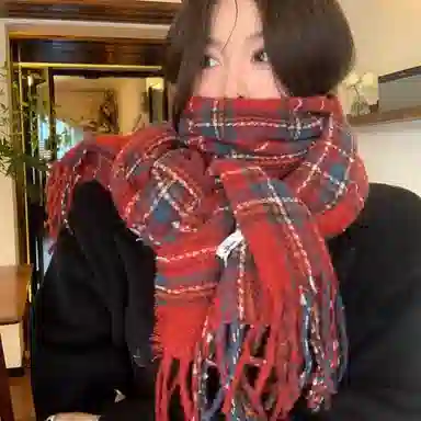 优幽兰 韩系复古 格纹流苏保暖 高中生时尚百搭高级感小众软糯 两用新年节日氛围感穿搭 仿羊绒 绒线围巾 女款