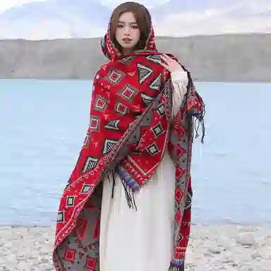 优幽兰 时尚百搭民族风带帽斗篷丽江新疆西藏大西北旅游穿搭拍照保暖披风办公室空调房外搭两用 腈纶 披肩 女款