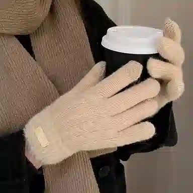 优幽兰 时尚百搭小众设计感拼色针织毛线分指可折叠 写字加绒加厚开车骑车保暖防寒 聚酯纤维 绒线手套 女款