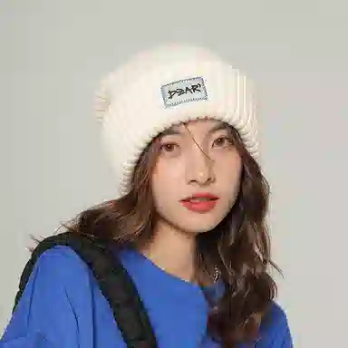 优幽兰 韩版显脸小毛线帽百搭时尚针织帽纯色字母防风防寒大头围包头帽学生加厚保暖高级感小众穿搭 绒线帽 男女同款情侣款