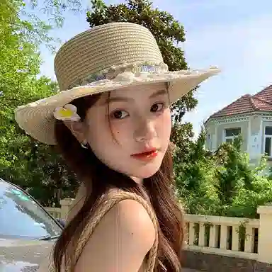 优幽兰 法式洛丽塔花朵蕾丝边草帽女时尚百搭高级感大帽檐平顶礼帽海边沙滩出游遮阳帽甜美 纤维素材料 防晒帽 女款