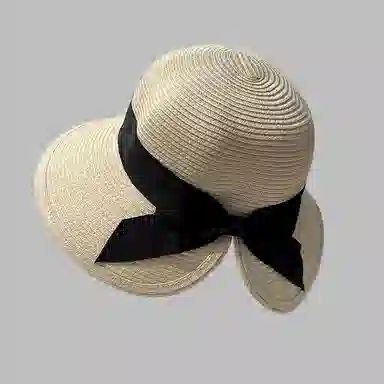 优幽兰 韩版简约沙滩百搭休闲可折叠夏海边度假轻奢高级感蝴蝶结大帽檐遮阳显脸小 草编 防晒帽 女款