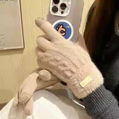 优幽兰 时尚百搭小众设计感拼色针织毛线分指可折叠 写字加绒加厚开车骑车保暖防寒 聚酯纤维 绒线手套 女款