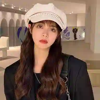 优幽兰 时尚复古 气质优雅大帽檐显脸小学生简约小众设计感珍珠点缀甜美遮阳 棉 贝蕾帽 女款 米色