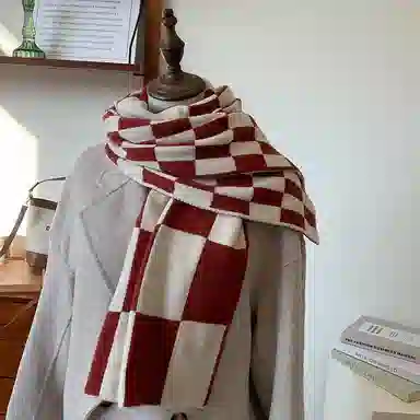 优幽兰 氛围感 格子撞色 针织加厚 防风防寒小众穿搭 仿羊绒 绒线围巾 女款