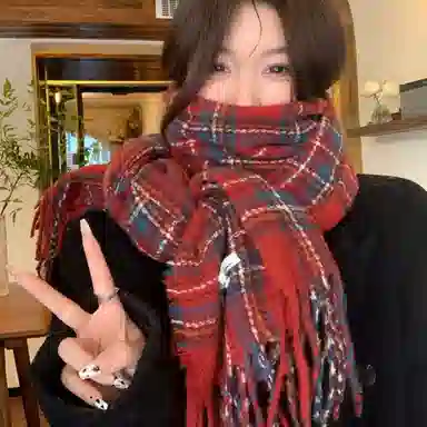 优幽兰 韩系复古 格纹流苏保暖 高中生时尚百搭高级感小众软糯 两用新年节日氛围感穿搭 仿羊绒 绒线围巾 女款