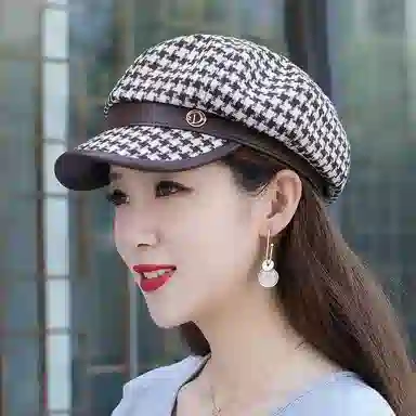 优幽兰 秋冬季百搭时尚韩版显脸小报童帽千鸟格图案英伦风防风防寒加厚保暖高级感韩系穿搭 贝雷帽 女款