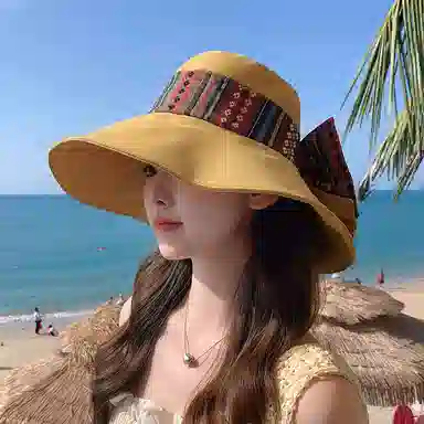 优幽兰 百搭潮流小众设计感民族风可折叠骑车大檐遮阳时尚旅游度假防紫外线太阳夏 聚酯纤维 防晒帽 女款