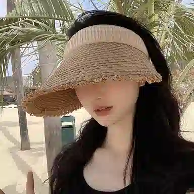 优幽兰 韩版高颜值显脸小大帽檐草编空顶帽复古毛边出游防紫外线遮阳帽海边度假沙滩帽可折叠 纤维素材料 防晒帽 女款