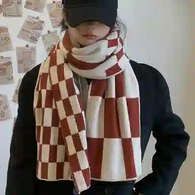 优幽兰 氛围感 格子撞色 针织加厚 防风防寒小众穿搭 仿羊绒 绒线围巾 女款