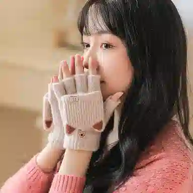 优幽兰 毛线可爱露指翻盖防风防寒骑车电瓶车 实用保暖上课写字实用 学生通勤 设计感小众护手 绒线手套 女款