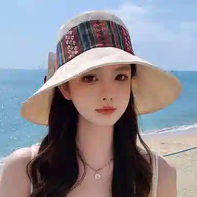 优幽兰 百搭潮流小众设计感民族风可折叠骑车大檐遮阳时尚旅游度假防紫外线太阳夏 聚酯纤维 防晒帽 女款