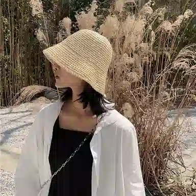 优幽兰 夏季出游精致简约显脸小洋气百搭透气海边防紫外线少女编织小清新 聚酯纤维 防晒帽 女款