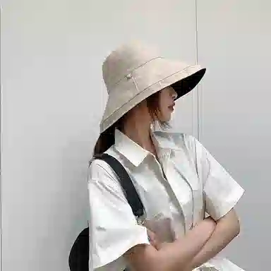 优幽兰 大帽檐显脸小渔夫帽夏天薄款防紫外线遮阳帽韩版淑女风可折叠太阳帽小众撞色沙滩帽 聚酯纤维和氨纶 防晒帽 女款