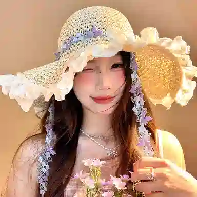 优幽兰 法式甜美碎花飘带时尚韩系夏海边沙滩度假风大檐遮阳百搭高级感小众田园风太阳防紫外线 纤维素材料 防晒帽 女款