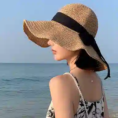 优幽兰 出游系带精致显脸小洋气赫本风海边防紫外线可折叠 聚酯纤维 防晒帽 女款