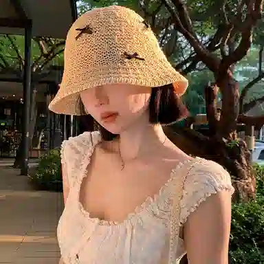 优幽兰 甜美蝴蝶结手工编织渔夫帽子韩版百搭高级感夏季镂空透气海边沙滩出游遮阳防紫外线盆帽#好运 聚酯纤维 防晒帽 女款