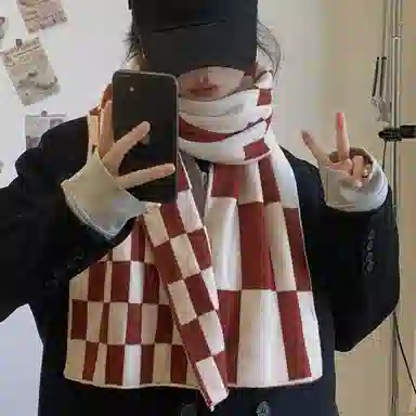 优幽兰 氛围感 格子撞色 针织加厚 防风防寒小众穿搭 仿羊绒 绒线围巾 女款