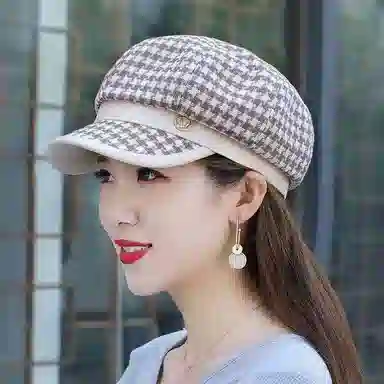 优幽兰 秋冬季百搭时尚韩版显脸小报童帽千鸟格图案英伦风防风防寒加厚保暖高级感韩系穿搭 贝雷帽 女款