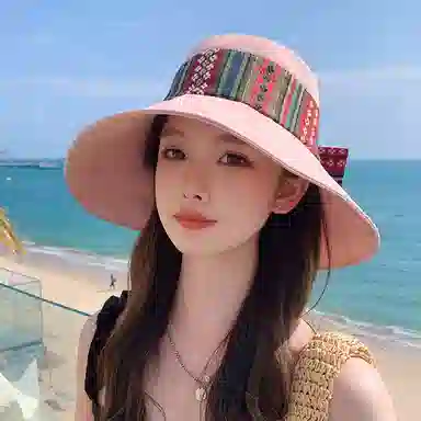 优幽兰 百搭潮流小众设计感民族风可折叠骑车大檐遮阳时尚旅游度假防紫外线太阳夏 聚酯纤维 防晒帽 女款