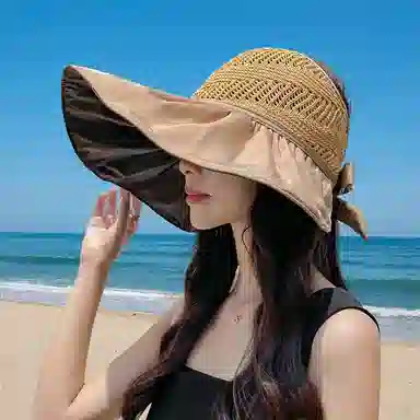 优幽兰 黑胶空顶帽小众显脸小防紫外线沙滩帽遮阳大头围帽子草编帽太阳帽小众旅游实用休闲穿搭 聚酯纤维 防晒帽 女款