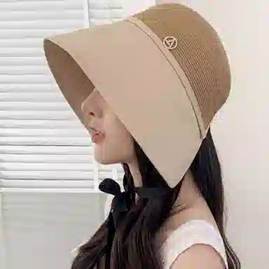 优幽兰 时尚潮流拼接设计感夏季出游防紫外线大檐显脸小水桶文艺开叉小众时尚百搭遮阳 草编 防晒帽 女款