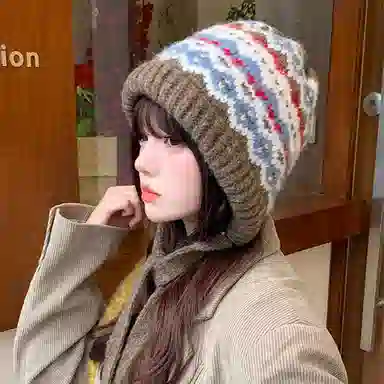 优幽兰 韩版小众设计感费尔岛风时尚潮流秋冬氛围感巴拉克拉法帽保暖 聚酯纤维 绒线帽 女款