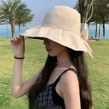 优幽兰 简约高级感显脸小遮阳夏天时尚出游通勤骑车防紫外线百搭户外大檐蝴蝶结太阳#好运 聚酯纤维 防晒帽 女款