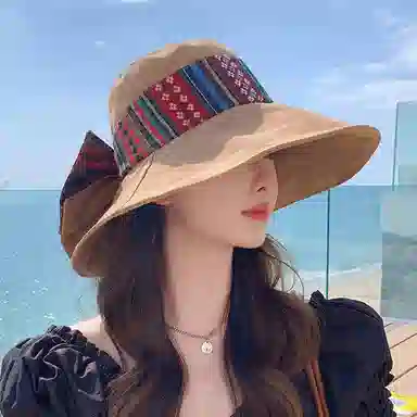 优幽兰 百搭潮流小众设计感民族风可折叠骑车大檐遮阳时尚旅游度假防紫外线太阳夏 聚酯纤维 防晒帽 女款