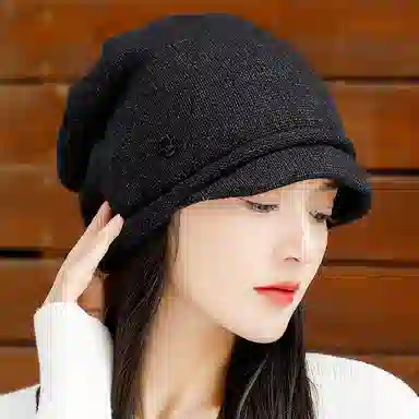 优幽兰 时尚百搭大头围显脸小堆堆帽秋冬季防风防寒保暖短檐针织帽休闲简约纯色护耳包头帽潮 聚酯纤维 绒线帽 男女同款情侣款