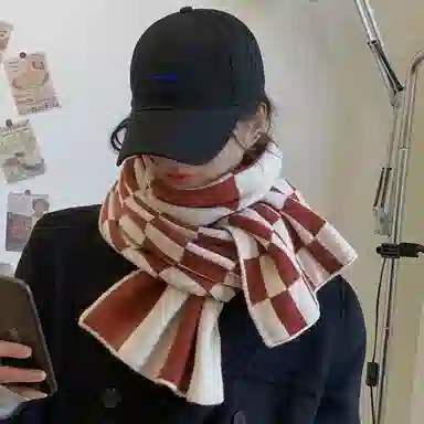 优幽兰 氛围感 格子撞色 针织加厚 防风防寒小众穿搭 仿羊绒 绒线围巾 女款