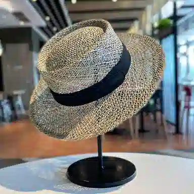 优幽兰 韩版百搭草帽平顶礼帽女时尚出游防紫外线度假镂空透气遮阳帽优雅气质大帽檐显脸小太阳帽子 植物材料 防晒帽 女款