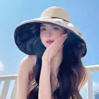 优幽兰 韩版高级感百搭蝴蝶结小众时尚潮流户外黑胶遮阳防紫外线 聚酯纤维 防晒帽 女款