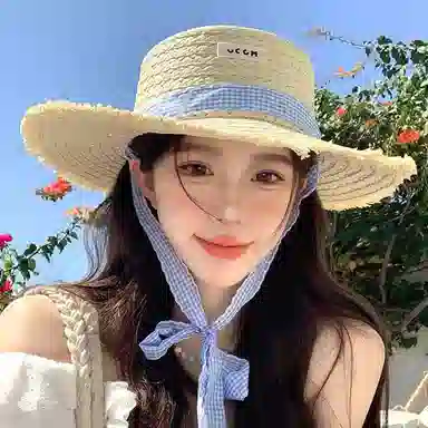 优幽兰 法式甜美平顶系带夏季时尚潮流高级感海边度假遮阳大檐显脸小沙滩太阳街拍 草编 防晒帽 女款