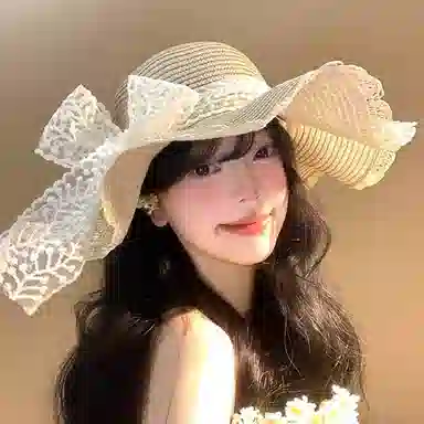 优幽兰 蝴蝶结波浪边蕾丝百搭高级感大帽檐显脸小编织帽海边沙滩度假遮阳帽拍 织物 渔夫帽 女款