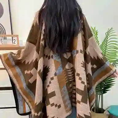 优幽兰 复古氛围感小众民族风斗篷时尚百搭高级感防风防寒撞色披风办公室空调房保暖毛毯旅游拍照打卡穿搭 腈纶 披肩 女款