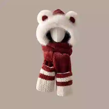 优幽兰 韩版甜美可爱小众设计感拼色小熊耳朵一体百搭加厚护耳骑行保暖 聚酯纤维 斗篷帽 女款