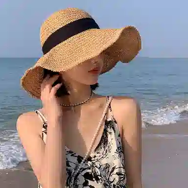 优幽兰 出游系带精致显脸小洋气赫本风海边防紫外线可折叠 聚酯纤维 防晒帽 女款