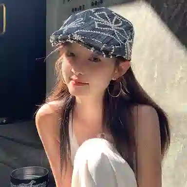 优幽兰 时尚潮流个性刺绣花朵前进帽子女百搭亮片牛仔鸭舌帽街头显脸小遮阳防晒蓓蕾 聚酯纤维 贝雷帽 女款