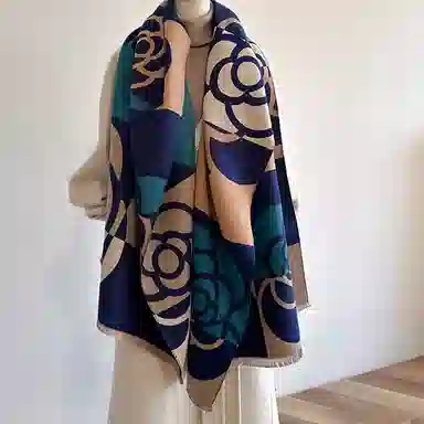 优幽兰 韩版百搭优雅知性拼色山茶花气质双面加厚保暖空调房外搭两用时尚法式高级感穿搭 仿羊绒 绒线围巾 女款