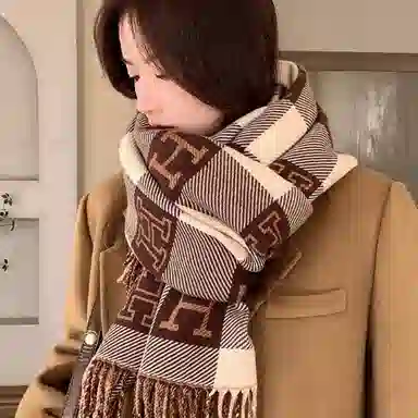 优幽兰 韩系美拉德格子加厚英伦风女百搭高级感秋冬季保暖拼色流苏围脖学生复古氛围感穿搭 聚酯纤维 绒线围巾 女款