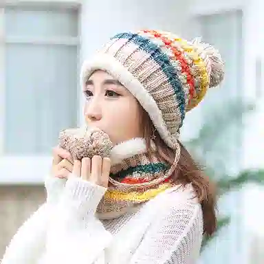 优幽兰 百搭时尚毛线帽围脖两件套韩版显脸小针织帽大头围东北加绒加厚冷帽防保暖包头帽护耳高级感穿搭 绒线帽 女款