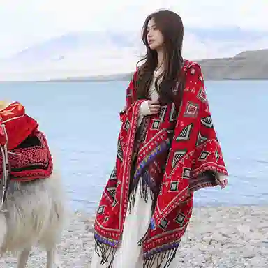 优幽兰 时尚百搭民族风带帽斗篷丽江新疆西藏大西北旅游穿搭拍照保暖披风办公室空调房外搭两用 腈纶 披肩 女款