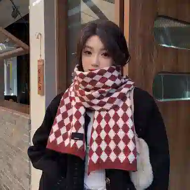 优幽兰 秋冬季仿羊绒百搭设计感格子拼色氛围感 休闲时尚针织加厚保暖学生防风防寒小众 绒线围巾 女款